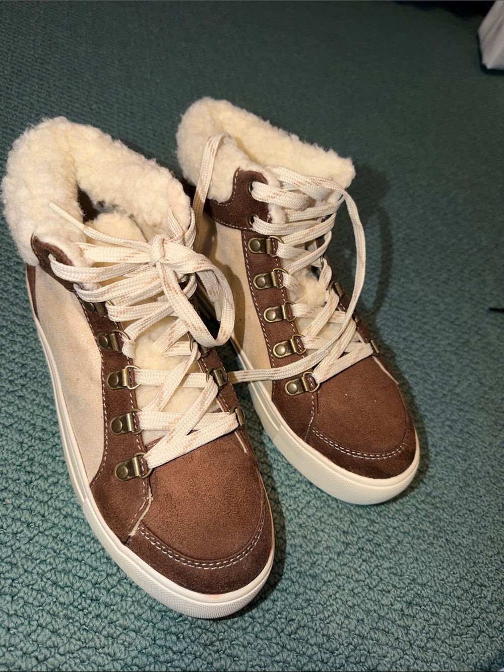 American Eagle Outfitters Brown and Cream Faux-Shearling Lace-Up Boots
